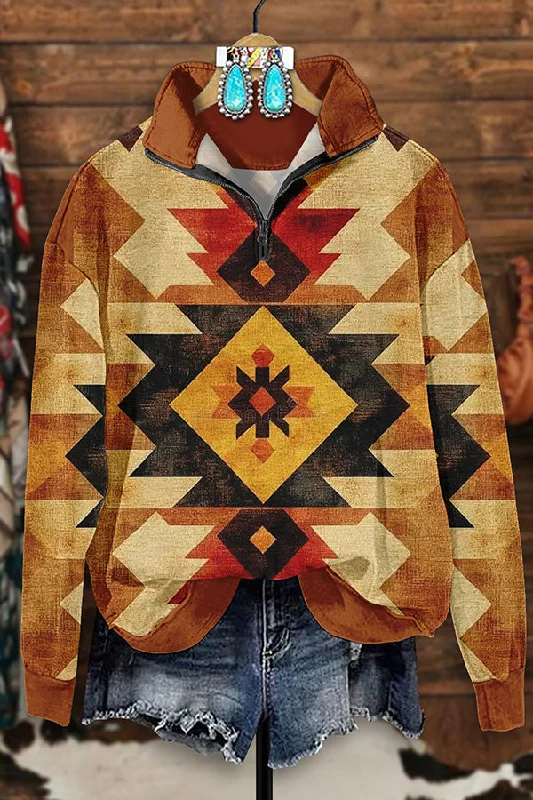 Vintage Western Aztec Print Zip-Up Sweatshirt Hoodie with Button Placket Classic Preppy