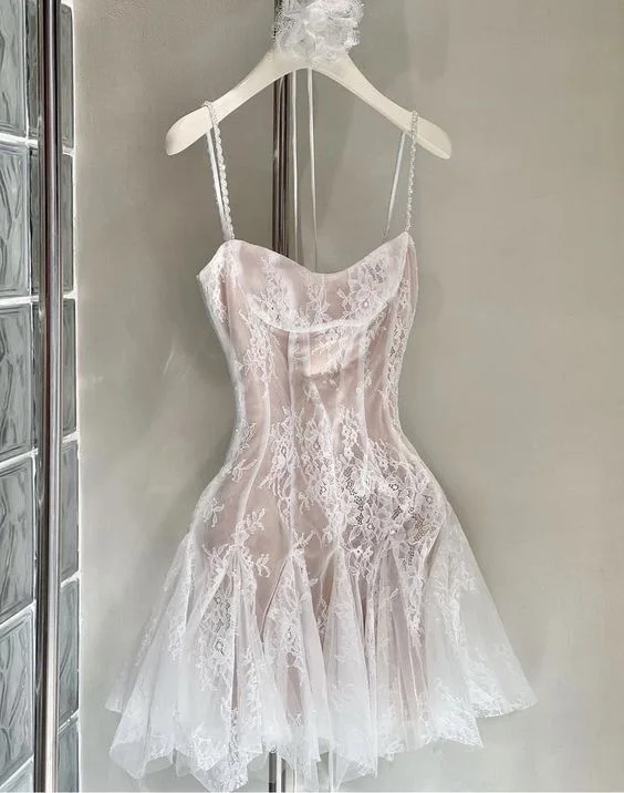 White Straps A-Line Lace Short Party Dress Homecoming Dress, DP3193 Tunics Sophisticated sleek