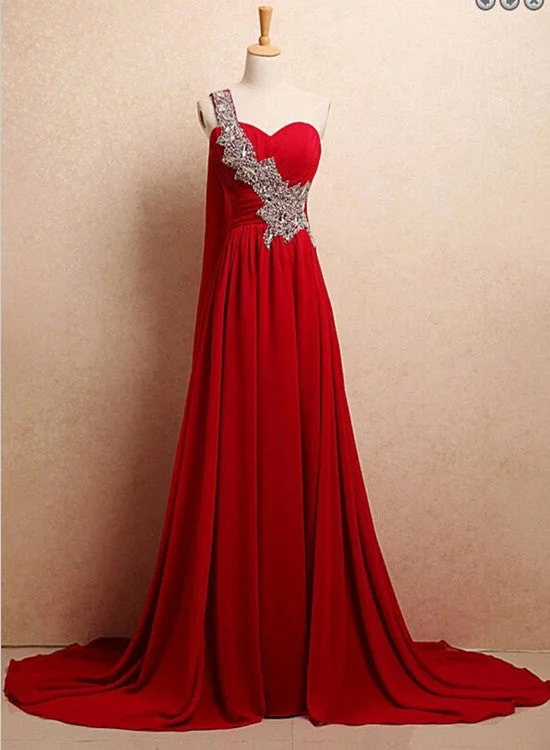 Charming One Shoulder Chiffon Elegant Evening Dress, Handmade High Quality Party Dress, Prom Dresses A-Line Day Work
