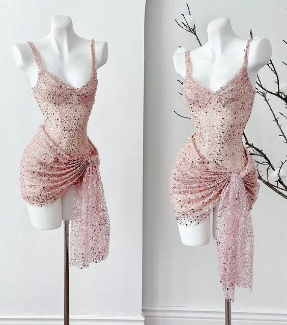 Shiny Pink Straps Sequins Sheath Short Party Dress Birthday Outfits, DP3117 Pencil Length Work