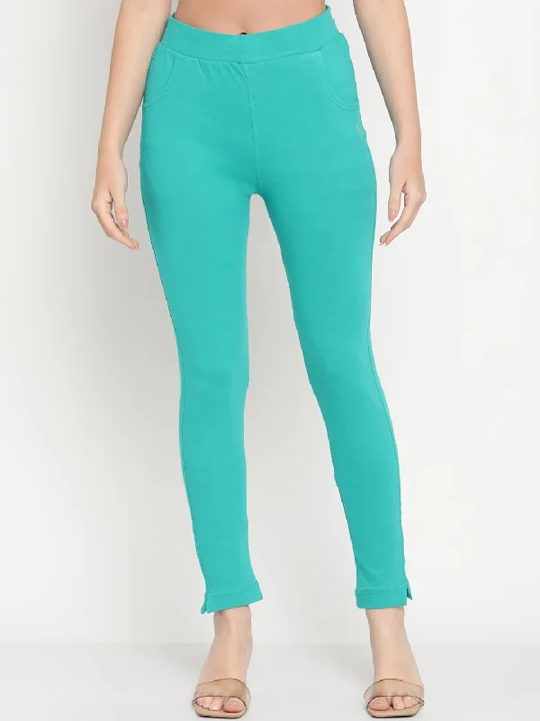 TAG 7 Women Turquoise Blue Solid Kurti Pant Chic Black Leggings