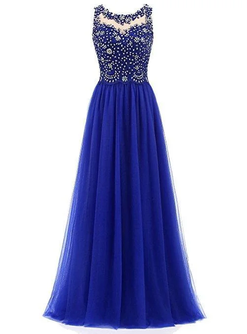 Charming Blue Beaded Tulle Long Party Dress, Round Neckline Prom Dress Tunics Vintage classic