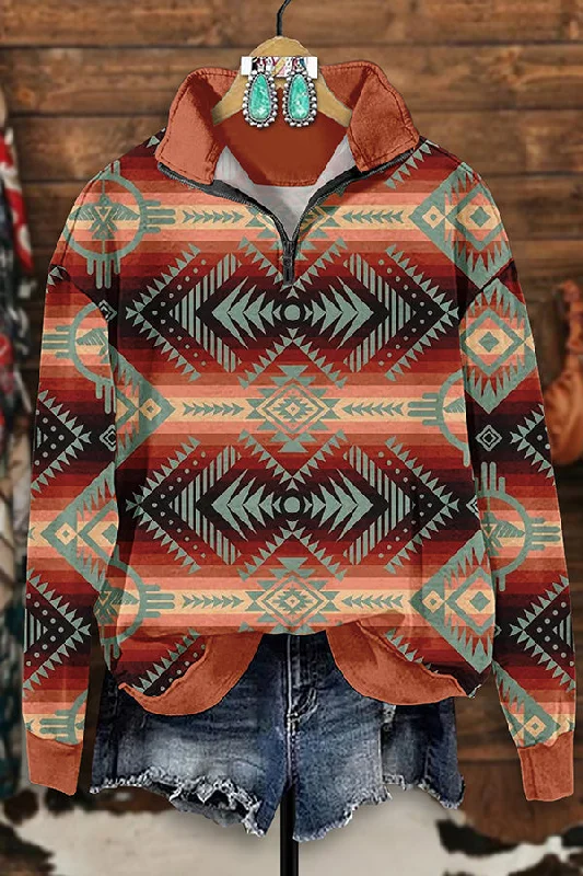 Retro Western Aztec Print Zip-Up Sweatshirt Hoodie with Neon Bright Vibrant