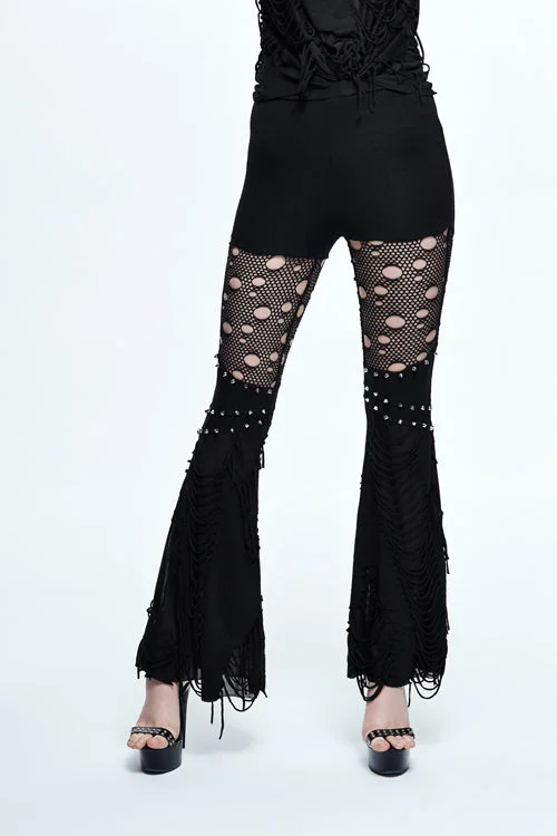 Black Punk Sexy Broken Holes Slim Fit Flared Womens Pants Modern Bootcut Pants
