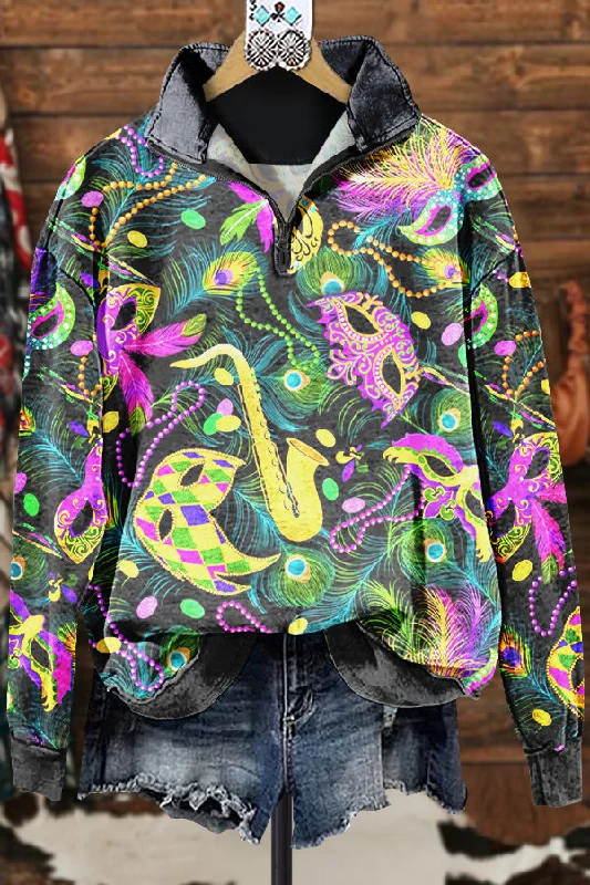 Classic Contrast Mardi Gras Sweatshirt Hoodie with Hem Detail Decorative Unique