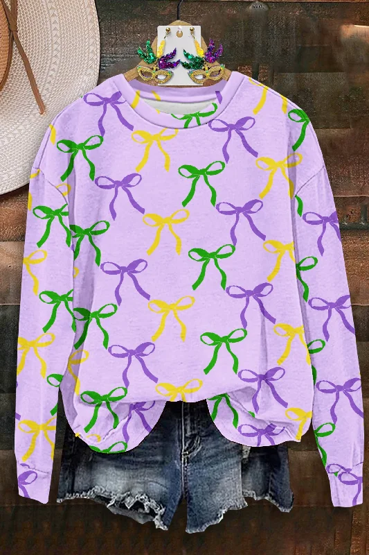 Cute Mardi Gras Bow Print Sweatshirt Hoodie with Hem Lace Feminine Delicate