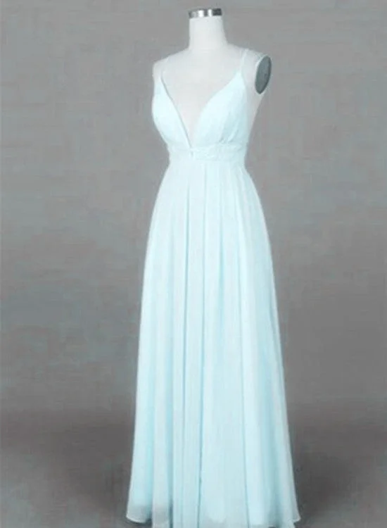 Mint Blue Straps Chiffon Long Party Dress, Prom Dress , Simple V-neckline Formal Dresses Tunics Trousers formal