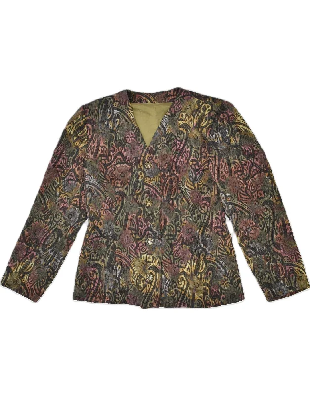 VINTAGE Womens 4 Button Blazer Jacket UK 10 Small Khaki Floral Elasticated Jacket Padded Jacket Insulated Jacket