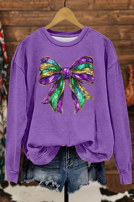 Mardi Gras Bow Sweatshirt Hoodie with Hem Contrast Bold Stylish