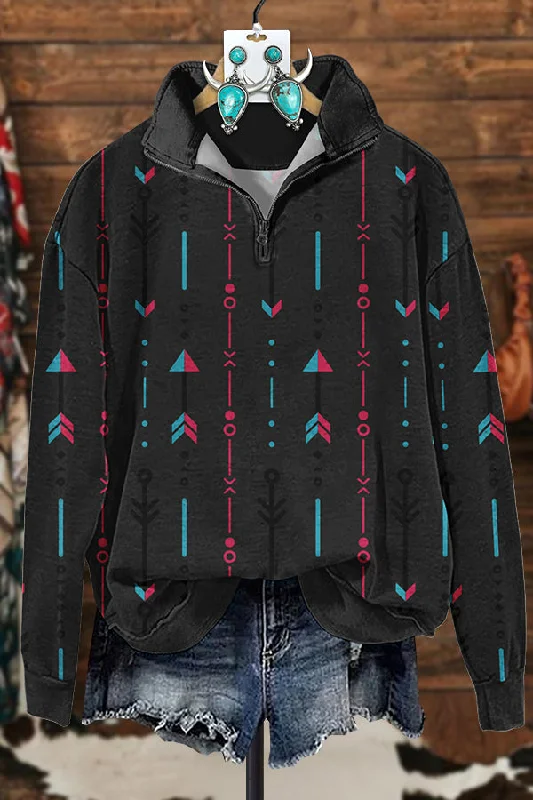 Western Contrast Arrow Zipper Sweatshirt Hoodie with Bell Sleeves Flared Feminine