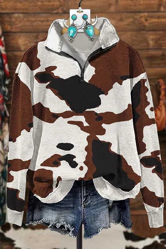 Western Classic Cow Print Zipper Sweatshirt Hoodie with Zipper Placket Modern Functional