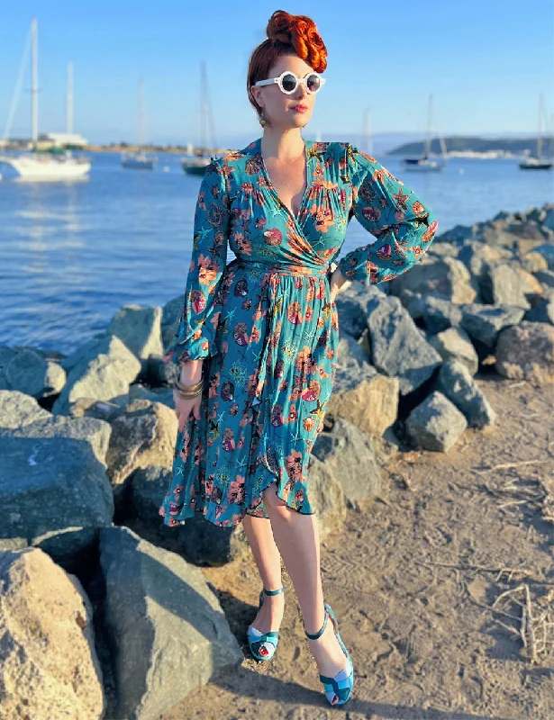 Doris Mayday for Loco Lindo - Teal Star of the Sea Ruffle Faux Wrap Barcelona Skirt wrap skirt elegant