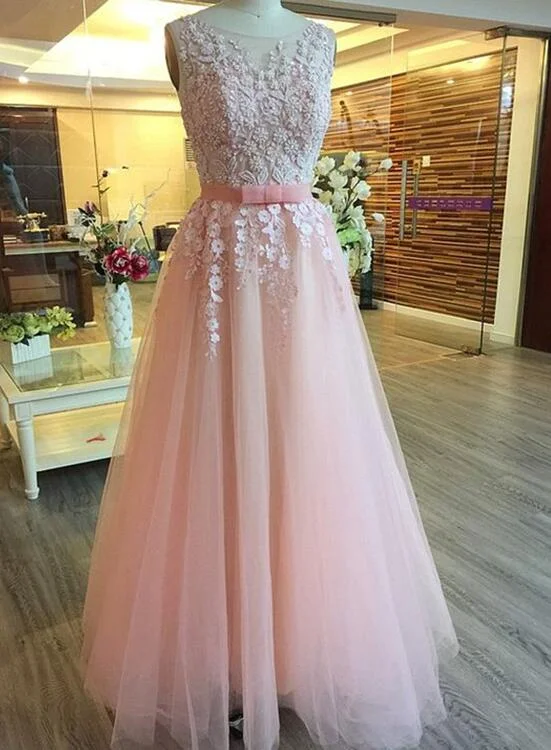 Pink Sleeves O Back with Applique, Cute Tulle Long Prom Dress, Junior Party Dresses Tunics Yoga stretchy