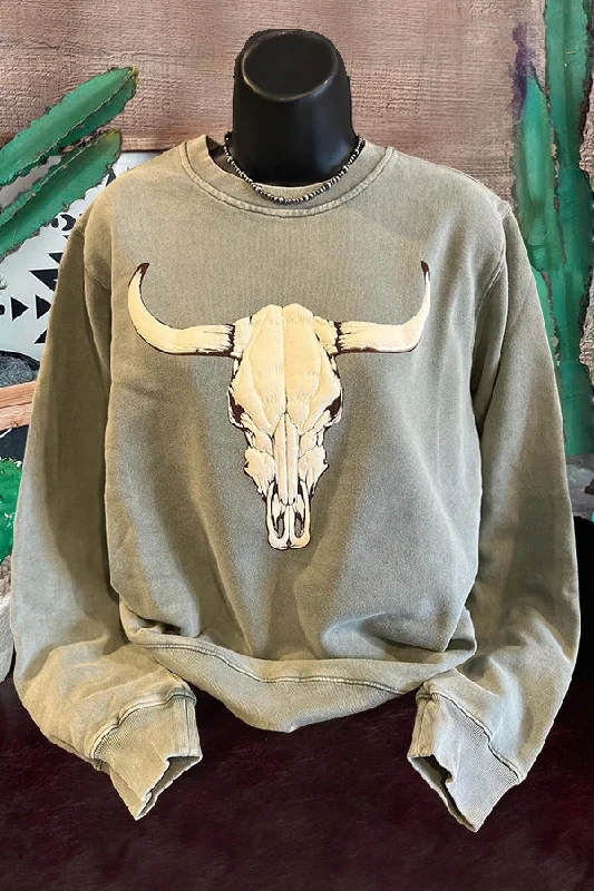 Western Cow Skull Printed Sweatshirt Hoodie with Hidden Zipper Minimalist Clean
