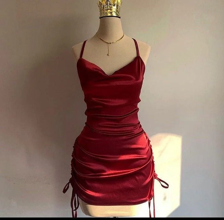 Wine Red Straps Sheath Satin Short Party Dress Homecoming Dress, DP4097 Tunics Versatile functional