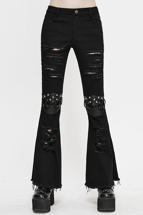 Black Punk Nailed Knee Cutoff Bellbottomed Womens Pants Fashionable Jogger Pants