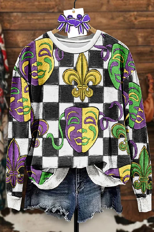 Vintage Mardi Gras Print Sweatshirt Hoodie with Distressed Vintage Worn