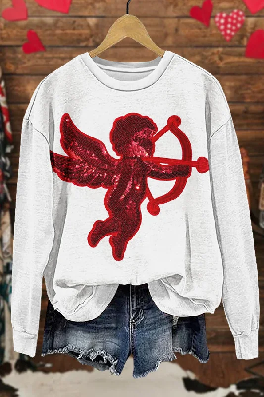 Shiny Valentine's Day Cupid Print Sweatshirt Hoodie with Typography Text Message