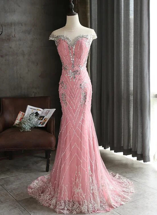 Pink Lace Mermaid Sequins with Lace Applique Party Dress, Pink Long Prom Dress Party Dress Tunics Custom made