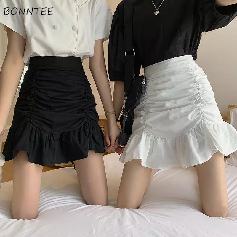 Skirts Women Solid A-line Summer Mini Hem Ruffles New Ulzzang Chic Ruched All-match High Waist Hot Selling Lovely Girls Elegant wool skirt thick