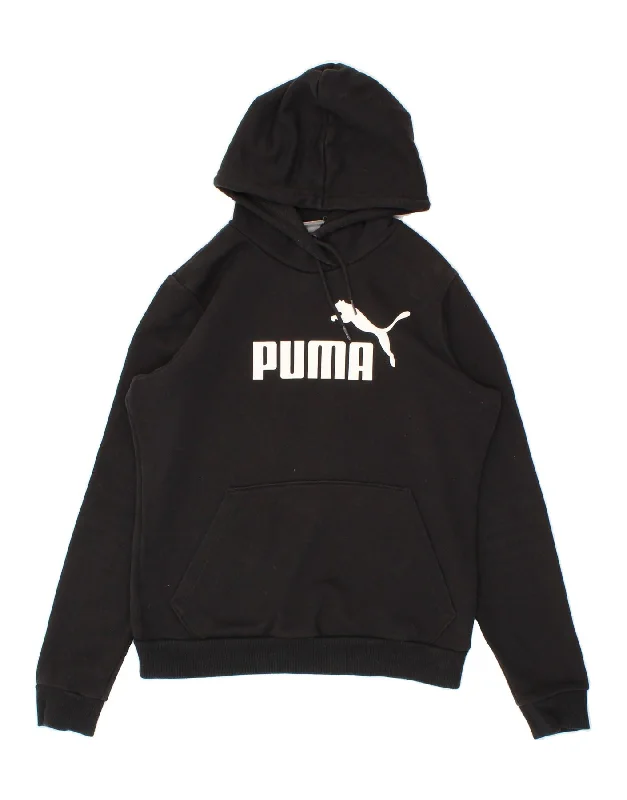 PUMA Womens Graphic Hoodie Jumper UK 12 Medium Black Cotton Hoodie with Metallic Shiny Futuristic