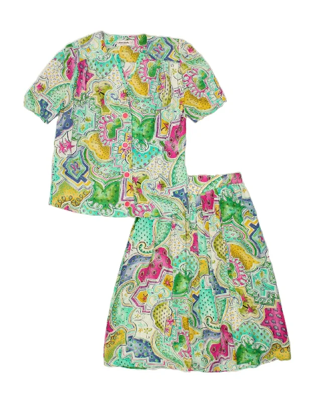 VINTAGE Womens Abstract Pattern 2 Piece Skirt Set UK 14 Large W28 Green linen skirt relaxed