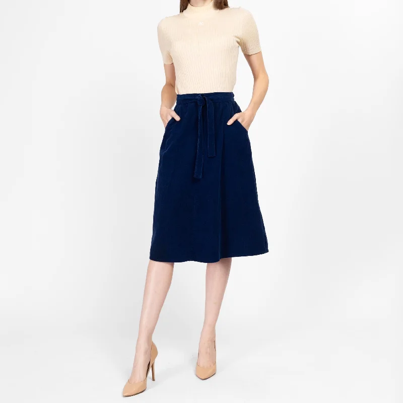 Small 70s Blue Corduroy Midi Wrap Skirt 25"-27" boho skirt vibe