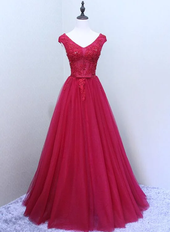 Red V Back Beaded Lace-up with Applique Gorgeous Party Dress, Pretty Formal Dress, Dark Red Party Dress Off-the-shoulder Bohemian Festive