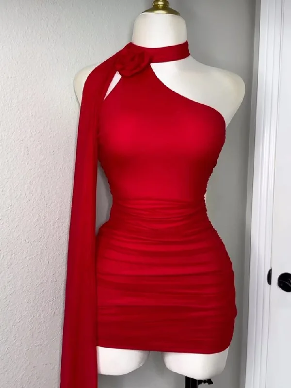 Charming Red Halter Satin Short Evening Party Dress, DP4018 Satin Halter Glamorous