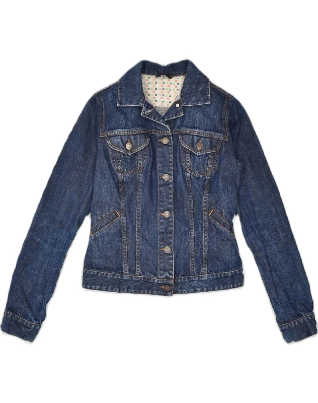 SISLEY Womens Graphic Denim Jacket IT 40 Small Navy Blue Cotton Classic Satin Jacket Silk Jacket Chiffon Jacket