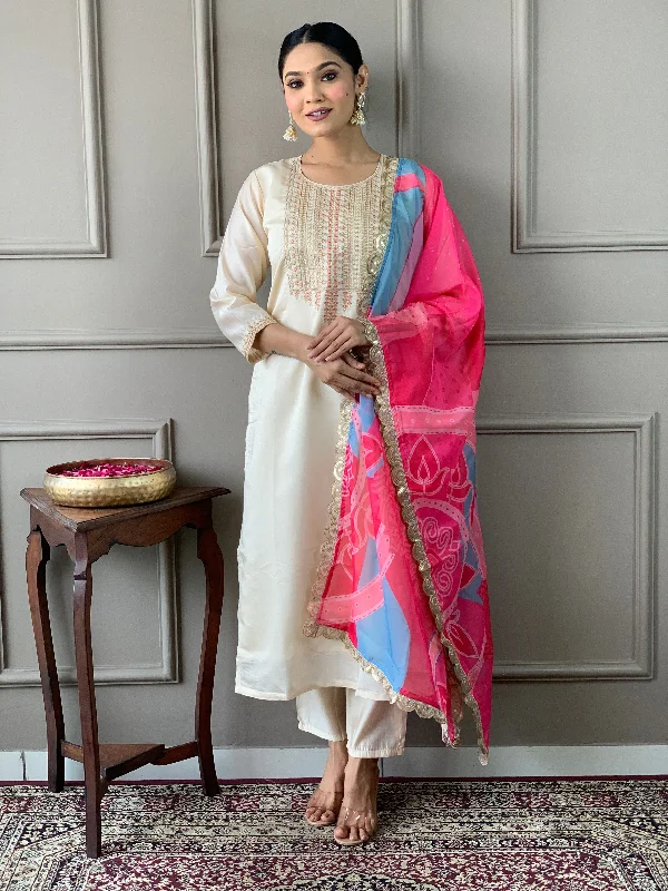 Women Round Neck Embroidered Work Chanderi Viscose Fabric Kurta & Pant With Dupatta Set - Taantav Comfortable Pleated Pants
