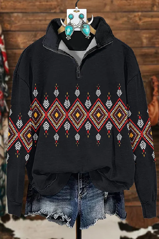 Retro Aztec Simple Zipper Sweatshirt Hoodie with Pattern Geometric Abstract