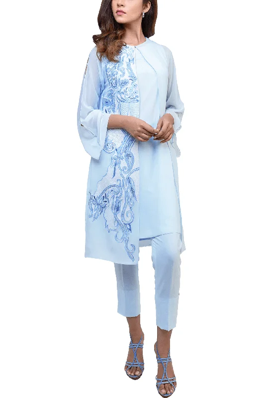 Natasha Kamal -  Bray Chiffon Jacket & Georgette Tunic With Lining & Raw Silk Trousers Fleece Fabric Down Fabric Feather Fabric