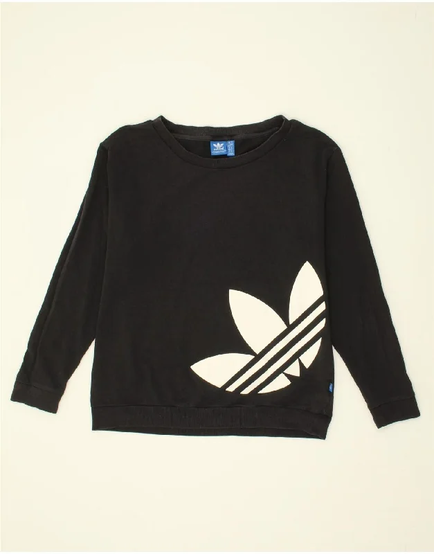 ADIDAS Womens Graphic Sweatshirt Jumper UK 16 Large Black Cotton Hoodie with Slit Hem Functional Movement
