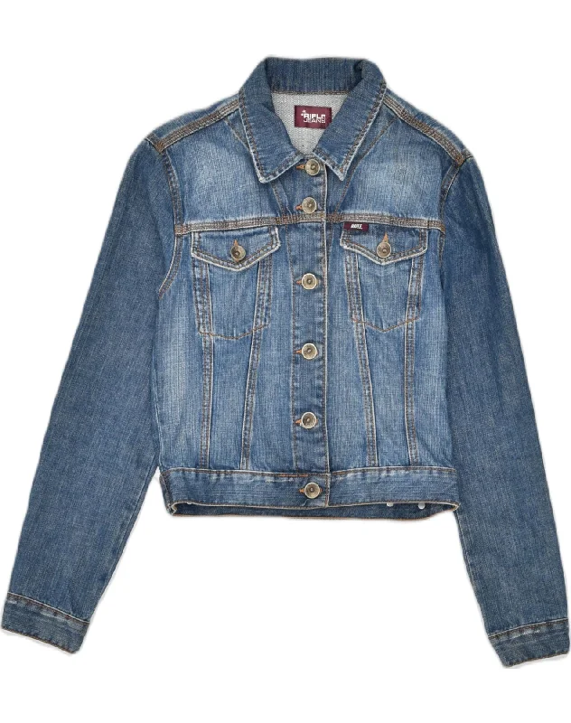 RIFLE Womens Denim Jacket UK 12 Medium Blue Cotton Lace Jacket Ribbed Jacket Sequined Jacket