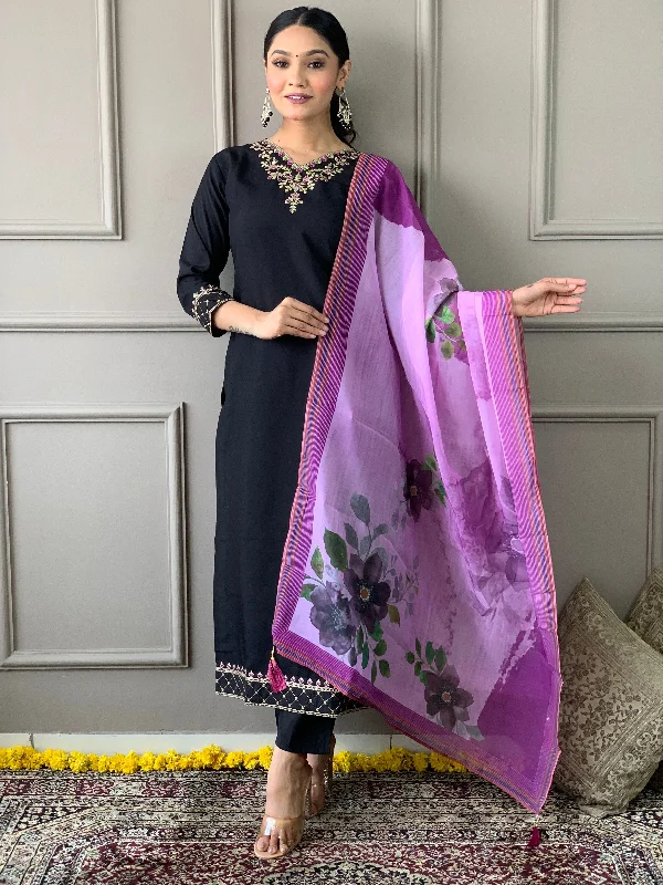 Women V Neck Embroidered Work Chanderi Cotton Fabric Kurta & Pant With Dupatta Set - Taantav Formal Stretch Pants