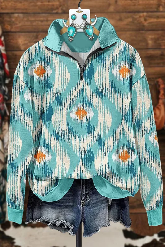 Western Turquoise Abstract Print Zip Sweatshirt Hoodie with Rhinestones Sparkly Elegant