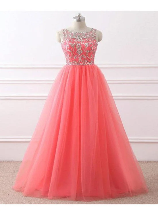 Coral Beaded Long Formal Gowns, Tulle Prom Dress, Party Dress Shift Classic Vintage
