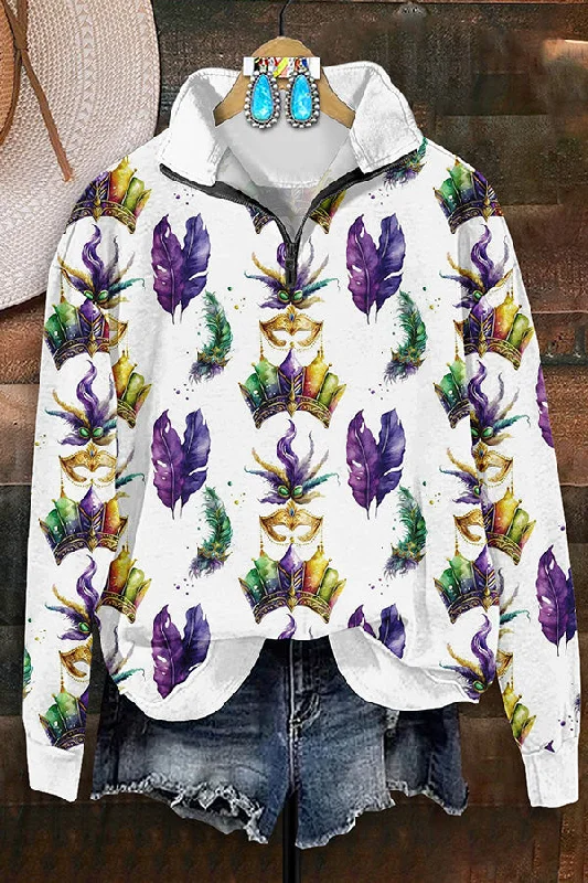 Vintage Mardi Gras Print Zip-Up Sweatshirt Hoodie with Hem Frayed Vintage Worn