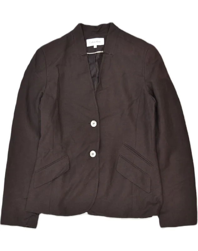 CALVIN KLEIN Womens 2 Button Blazer Jacket US 8 Medium Brown Linen Front Pockets Side Pockets Patch Pockets