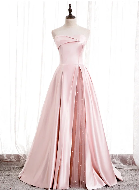 Pink Satin with Tulle A-line Floor Legnth Prom Dress, Fashionable Pink Party Dress Tunics Top rated