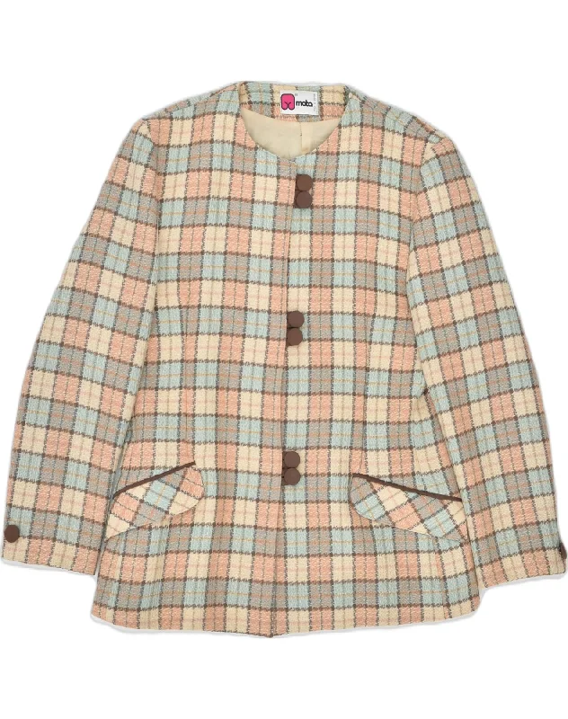 VINTAGE Womens 6 Button Blazer Jacket IT 46 Large Beige Check Virgin Wool Anorak Shell Jacket Lightweight Jacket