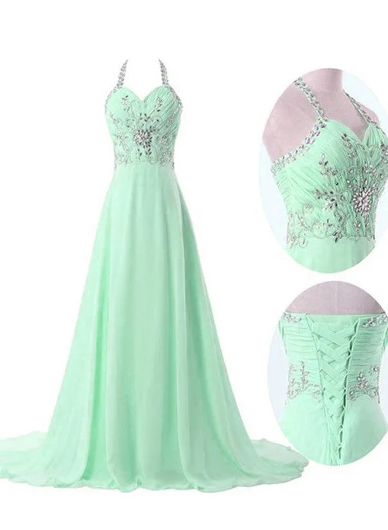 Mint Green Chiffon Sweetheart Halter A-line Beaded Formal Dress, Mint Party Dresses, Prom Dress Boatneck Modish Everyday