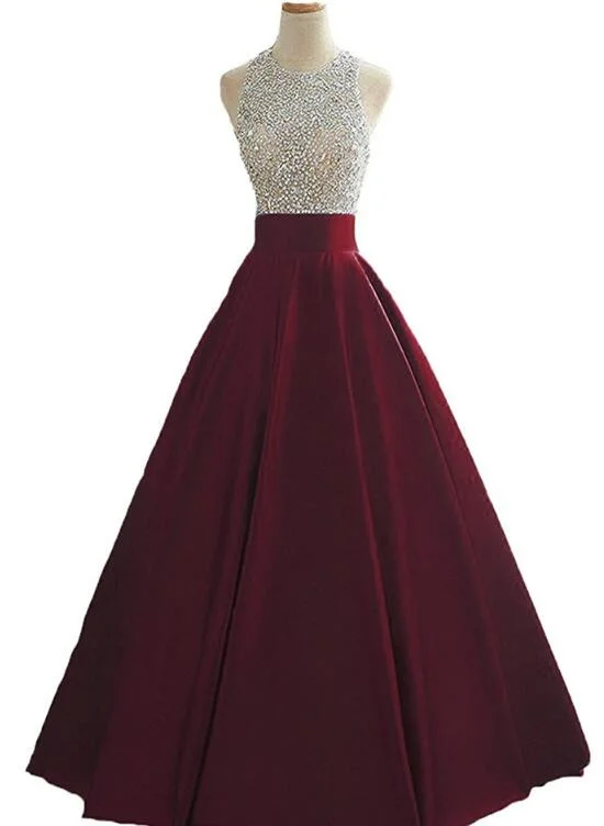 Wine Red Sequins and Beaded Backless Satin Formal Gown, Handmade Party Dress Tunics Fashionable trendy