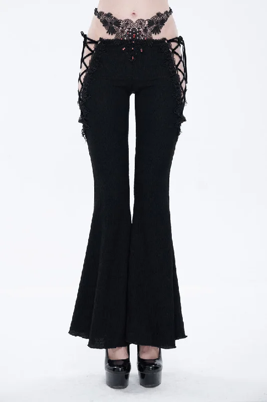Black Low-Rise Lace Gem-Embellished Bilateral Lace-Up Cutout Flared Women's Gothic Pants Formal Wide-Leg Pants