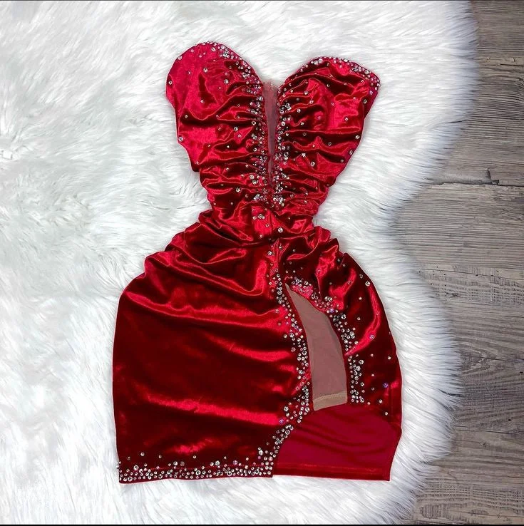 Wine Red Sweetheart Beads Velvet Short Party Dress Homecoming Dress, DP4106 Tunics Trendy modern