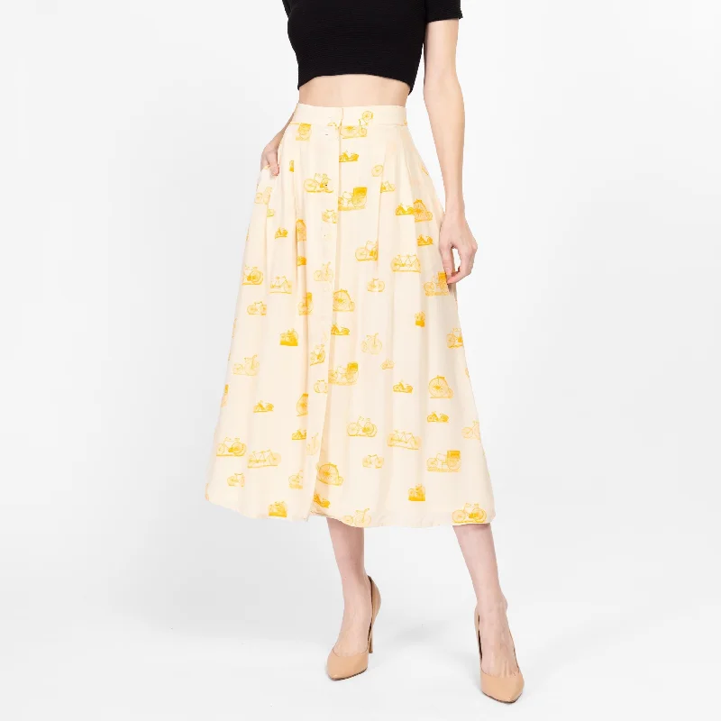 XS 90s Silk Bicycle Novelty Print Midi Skirt 24.5" ribbed skirt waist