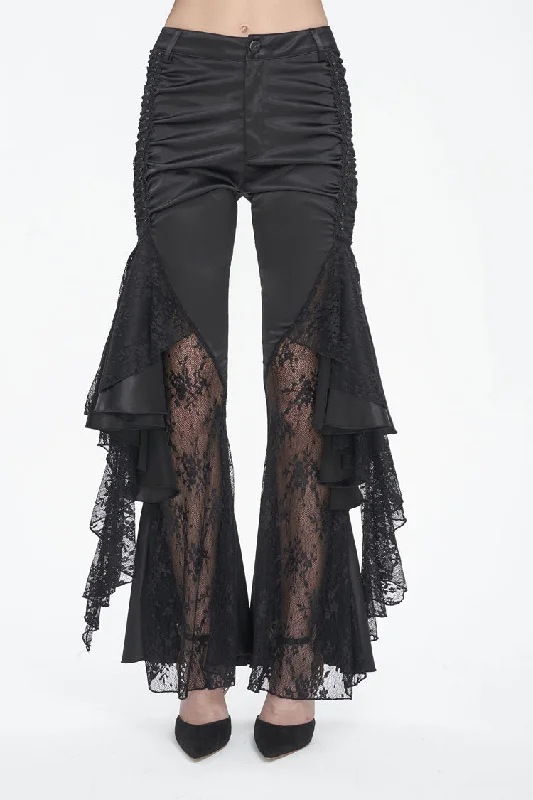 Black Ruffle Lace Stitching Womens Gothic Flared Pant Soft Cotton Pants