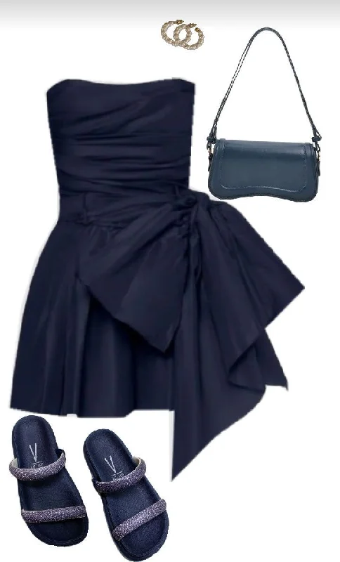 Navy Blue Strapless A-Line Short Party Dress Homecoming Dress, DP3690 Crew Neckline Casual