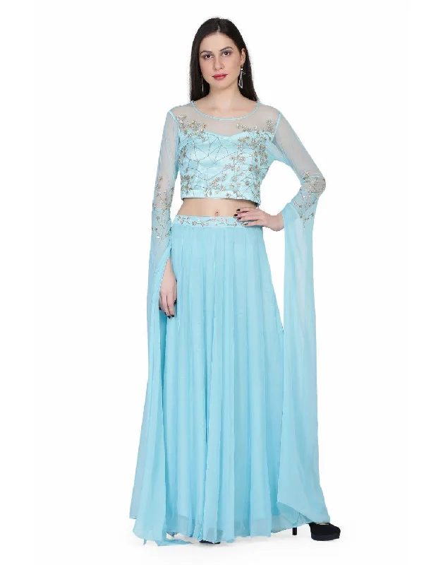 Miracolos By Ruchi's Buy Sky Blue Georgette Croptop-skirt  - Rent high waist skirt